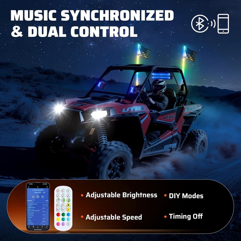 Ehaho 1 PC 5FT Whip Lights with Spring Base, APP & Remote Control Led Whip Lights for Side by Side, Spiral RGB Chasing Lighted Whips with Rocker Switch, Music Led Whips for UTV ATV RZR SXS Can-Am - Image 4